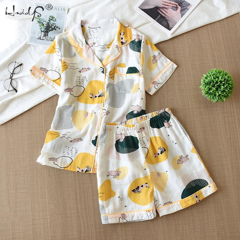 Cotton Pajamas Heart Stripe Print Short Sleeve Pajamas Sets