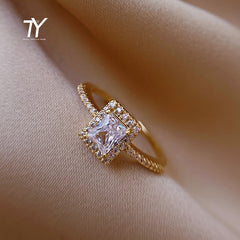 Simple Square Zircon Gold Color Open Rings