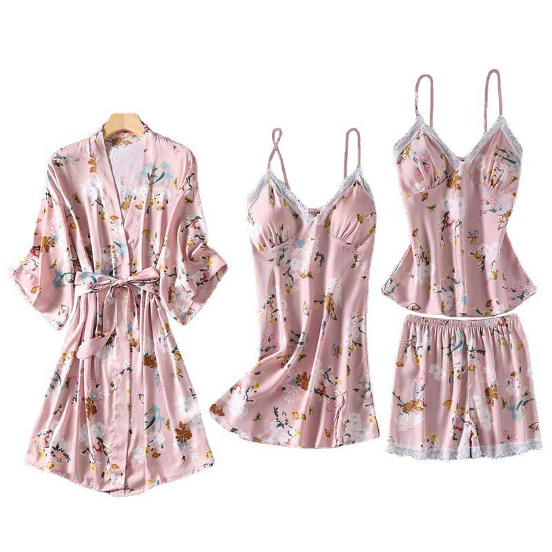 4PCS Print Robe Gown Sets Lace Sleepwear Sleep Suit