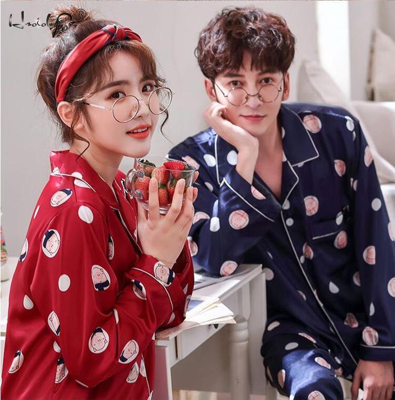 Couple Sleepwear Women Silk Satin Pajamas Sets Long Sleeve Pyjamas Sleepwear