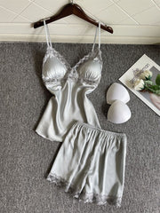 PJS Set Soft Sleepwear 2PCS Strap Top Shorts Satin Pajamas Set S