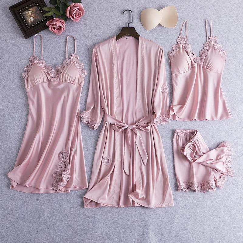 4PCS Womens Sleep Suit Satin Lace Pajamas Sets Nightgown