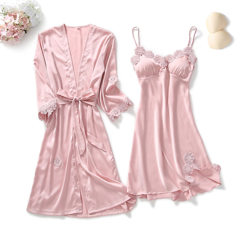 4PCS Pajamas Set V-Neck Negligee Sleep Wear Home Nightie