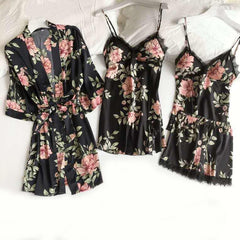 4PCS Print Robe Gown Sets Lace Sleepwear Sleep Suit