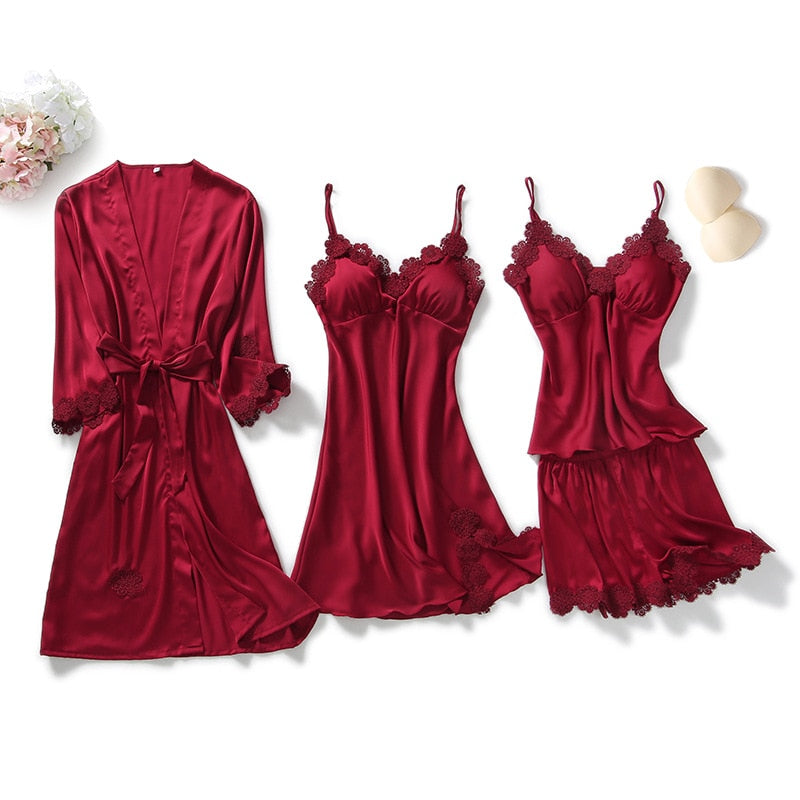 4PCS Pajamas Set V-Neck Negligee Sleep Wear Home Nightie