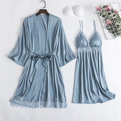 2PCS Lace Bathrobe Gown Sets Robe Bride Silky Satin Komono Strap Dress