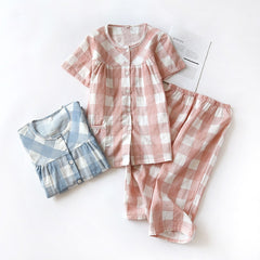 plaid pajamas ladies thin section short-sleeved cropped trousers