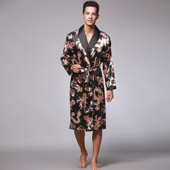 Men Silk  Satin Kimono Bathrobe Golden Dragon Knee Length Long Sleeve