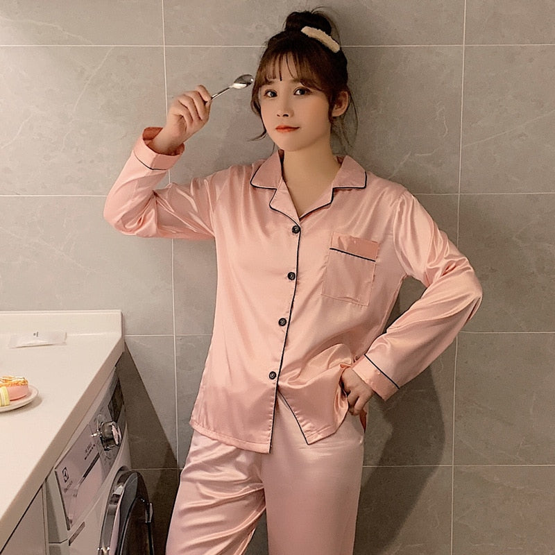 Solid Color Sleepwear Silk Satin Pajamas couple Set Long