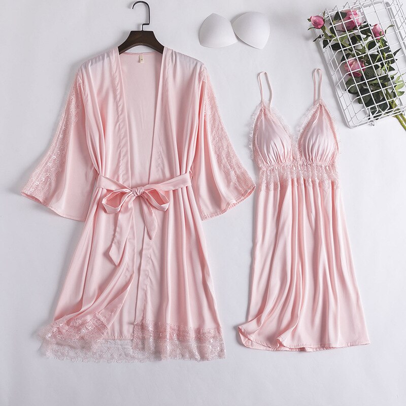 2PCS Lace Bathrobe Gown Sets Robe Bride Silky Satin Komono Strap Dress