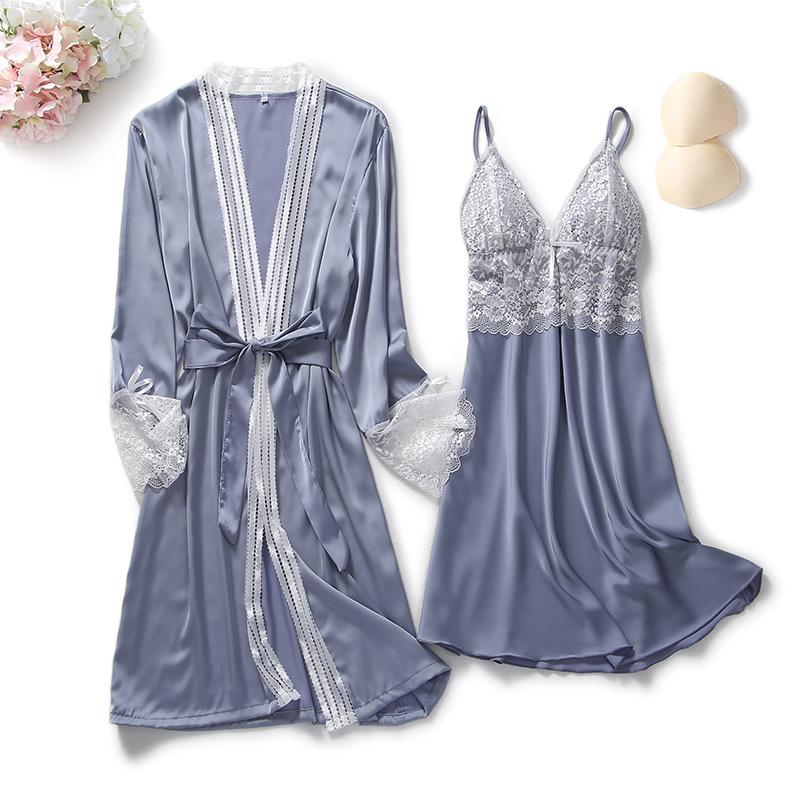 2PCS Lace Robe Gown Sets Strap Nightgown Satin Nighty Bathrobe