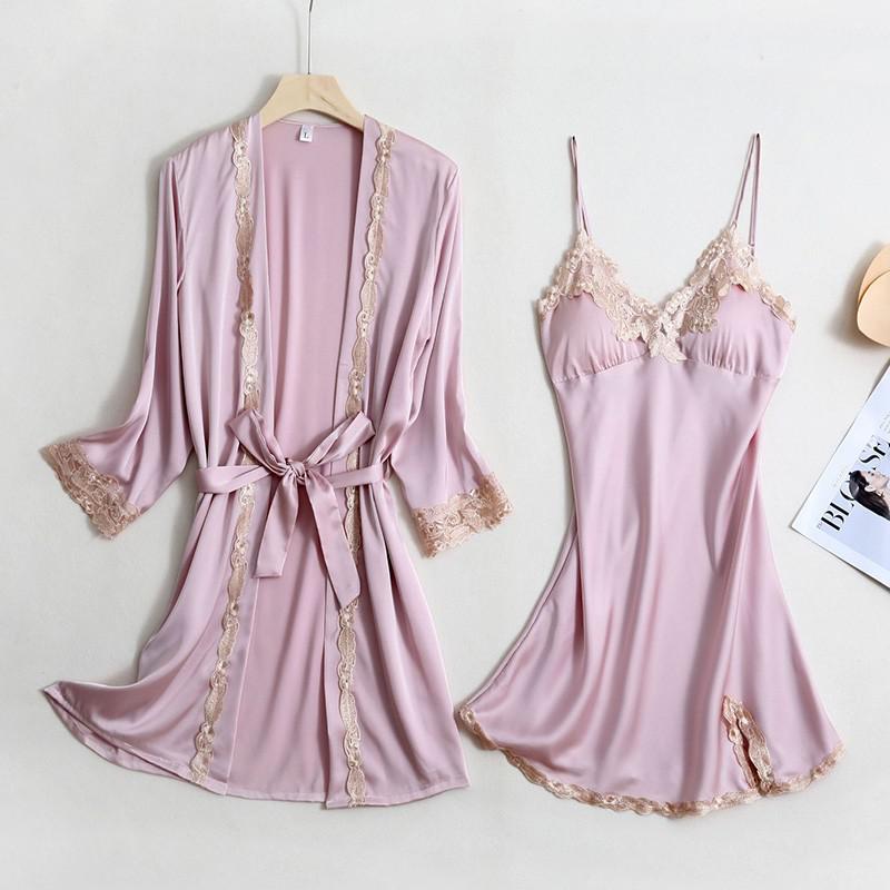 2PCS Lace Robe Gown Sets Strap Nightgown Satin Nighty Bathrobe