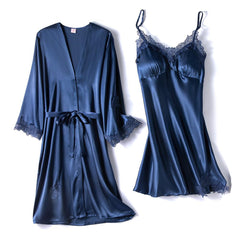 2PCS Lace Robe Gown Sets Strap Nightgown Satin Nighty Bathrobe