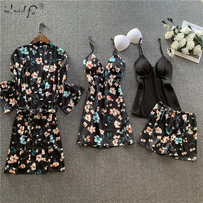 4 PCS Women Pajamas Sets Silk Satin Pajamas Sets