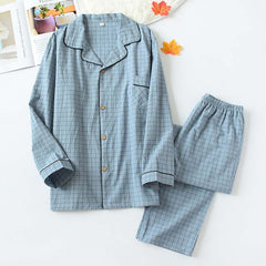 Men Washed Cotton Single-Layer Plaid Pajamas Set