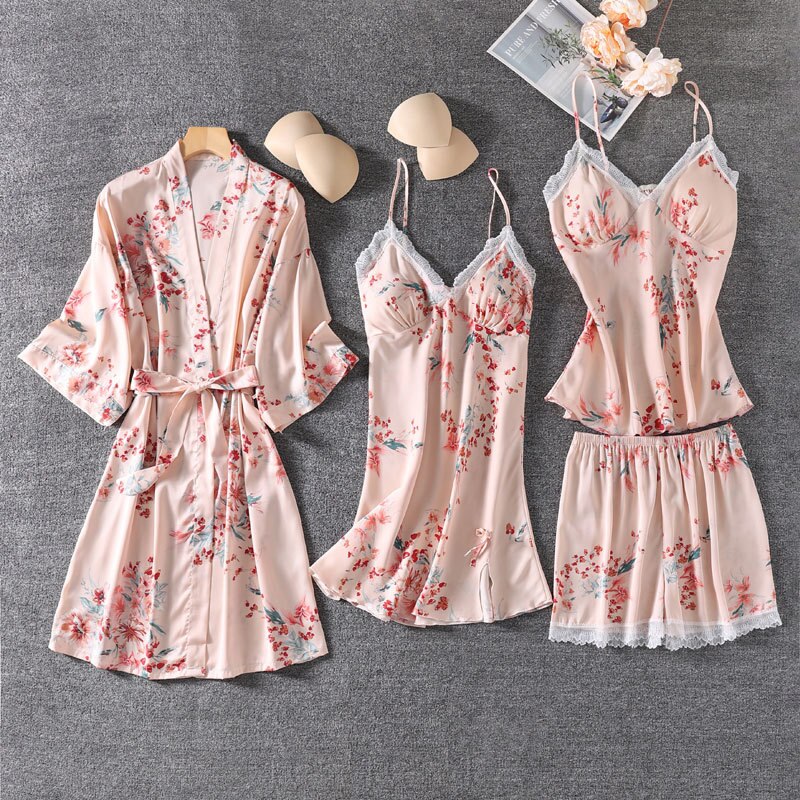 4PCS Print Robe Gown Sets Lace Sleepwear Sleep Suit