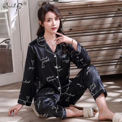 Couple Sleepwear Women Silk Satin Pajamas Sets Long Sleeve Pyjamas Sleepwear