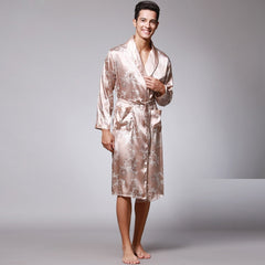 Men Silk  Satin Kimono Bathrobe Golden Dragon Knee Length Long Sleeve