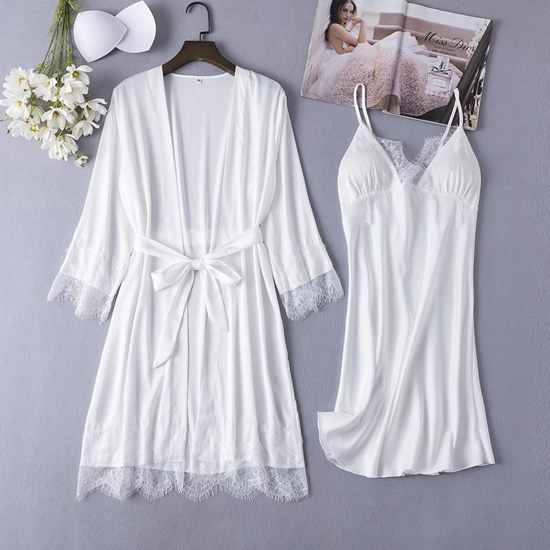 2PCS Lace Bathrobe Gown Sets Robe Bride Silky Satin Komono Strap Dress