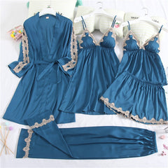 5PCS Lace Robe Gown Satin Nighty Bathrobe Nightgown Sleep Suit