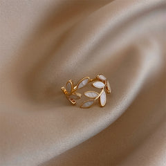 White Leaves Golden Opening Rings Woman Fashion Jewelry