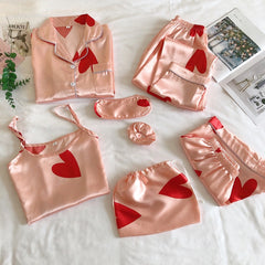 Strap Sleepwear Pyjamas Women 7 Pieces Pink Pajamas Sets Satin Silk Lingerie