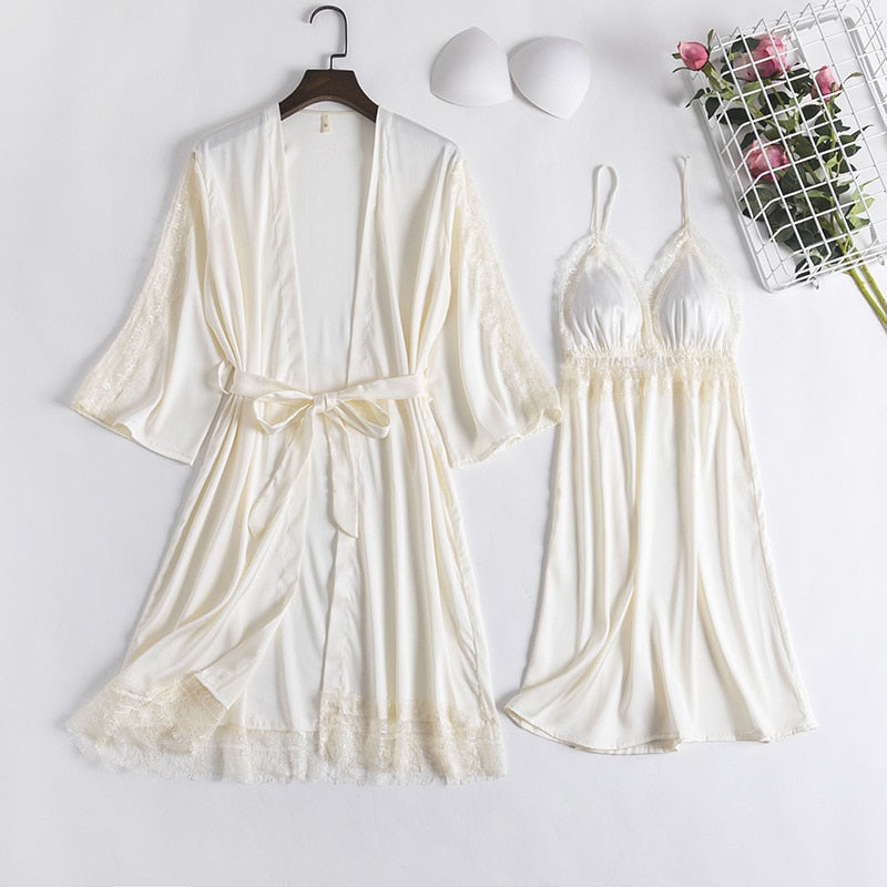 2PCS Lace Bathrobe Gown Sets Robe Bride Silky Satin Komono Strap Dress