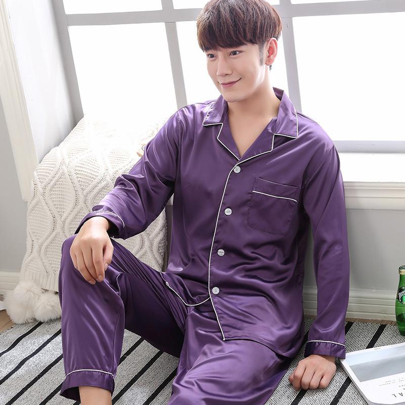 Solid Color Sleepwear Silk Satin Pajamas couple Set Long