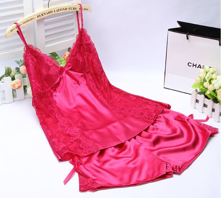 Spaghetti Strap Lace Satin Cami Top and Shorts Pajamas Set