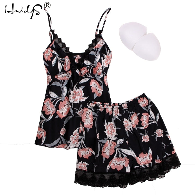 Summer Pajamas Sets Floral Print V-neck Chest Lingerie Nighties