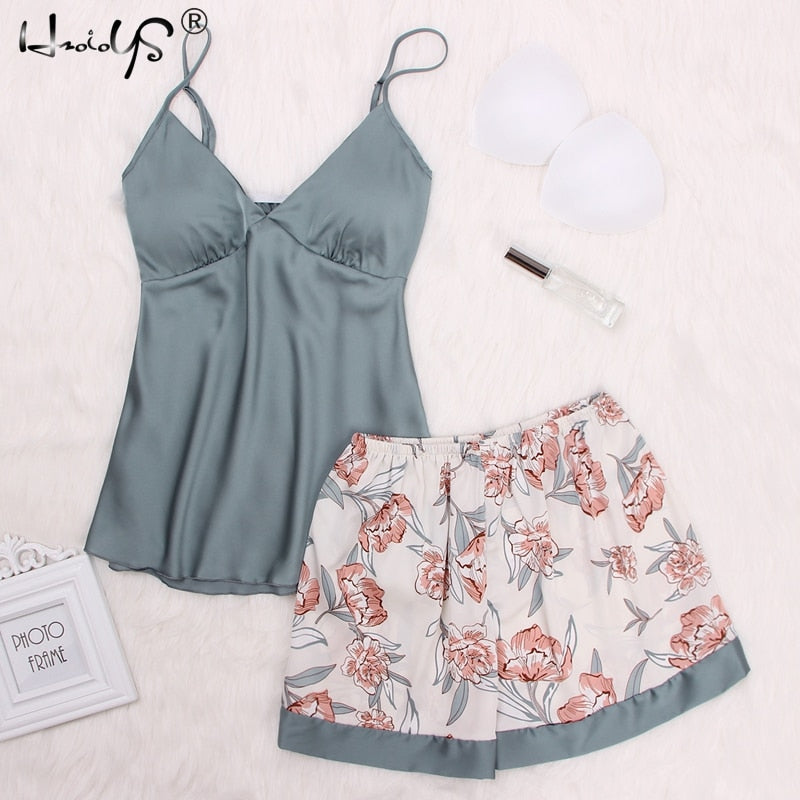 Summer Pajamas Sets Floral Print V-neck Chest Lingerie Nighties