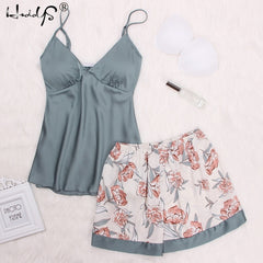 Summer Pajamas Sets Floral Print V-neck Chest Lingerie Nighties