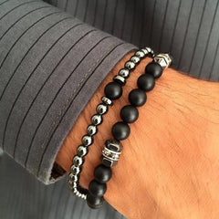 2pcs/set Fashion Men Bracelet Stainless Steel Chain Stone Bead