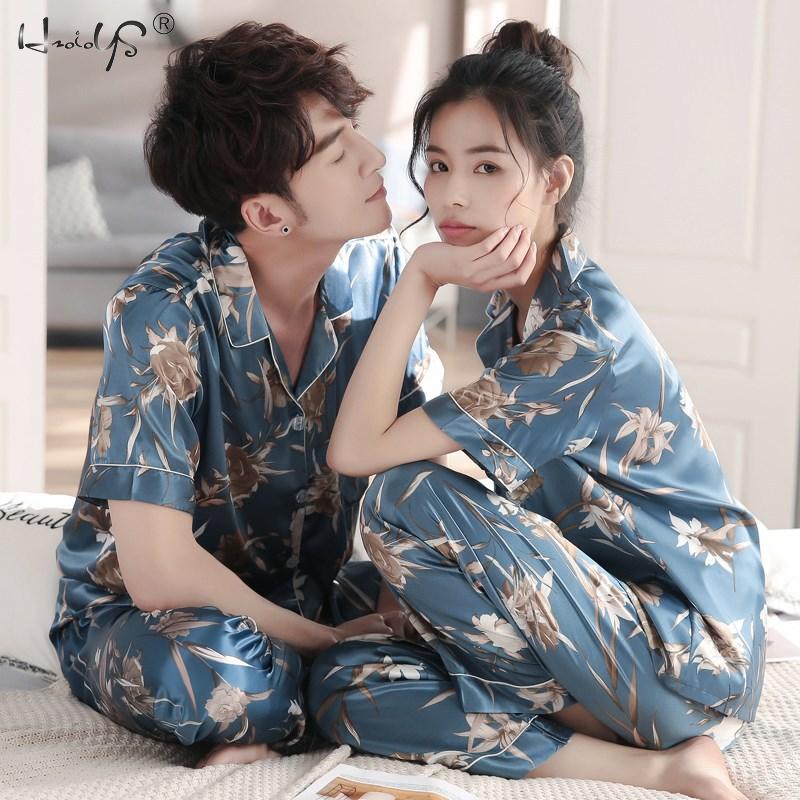 Floral Print Pajamas Set Lovers Pyjamas Women Silk Satin Pajama Sets