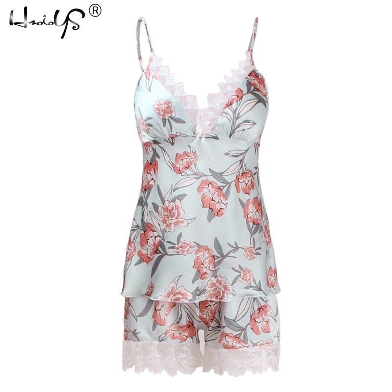 Summer Pajamas Sets Floral Print V-neck Chest Lingerie Nighties