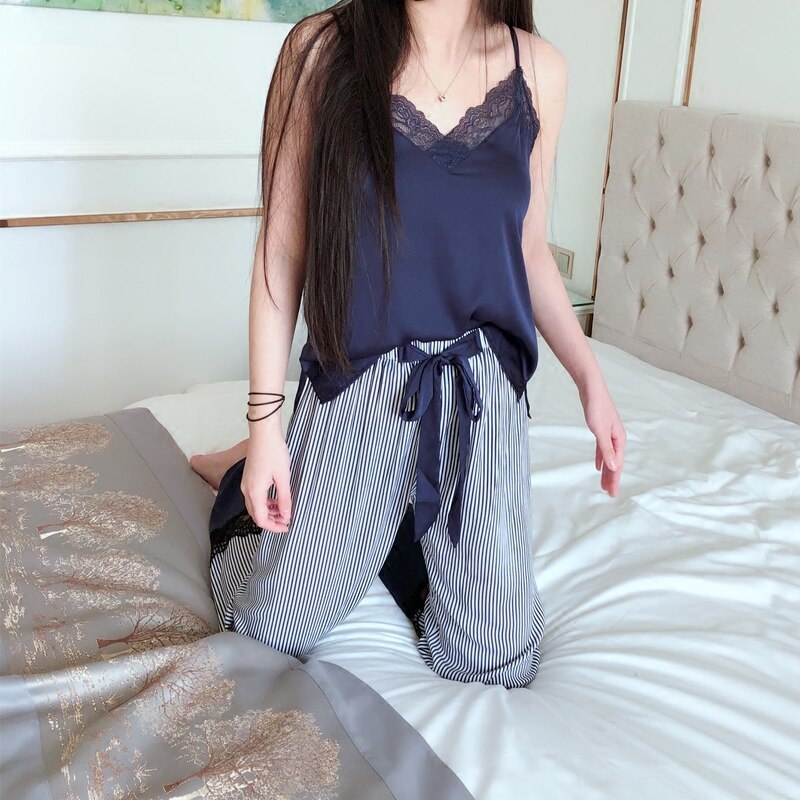 Pijama Sets Women Satin Silk Home Clothing Lace Long Pants