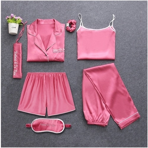 Strap Sleepwear Pyjamas Women 7 Pieces Pink Pajamas Sets Satin Silk Lingerie