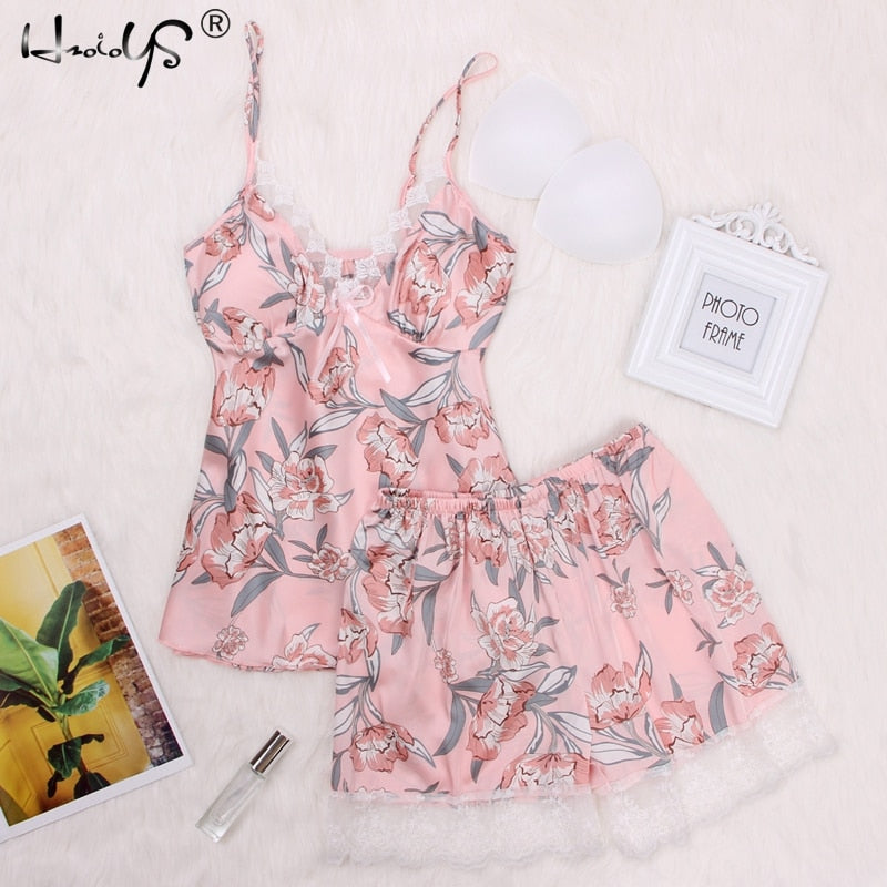 Summer Pajamas Sets Floral Print V-neck Chest Lingerie Nighties