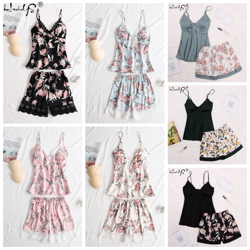 Summer Pajamas Sets Floral Print V-neck Chest Lingerie Nighties