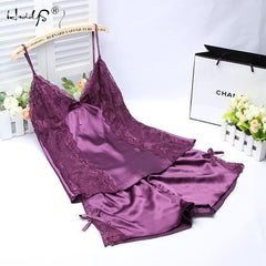 Spaghetti Strap Lace Satin Cami Top and Shorts Pajamas Set