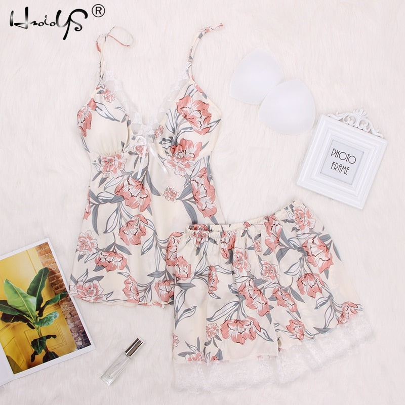 Summer Pajamas Sets Floral Print V-neck Chest Lingerie Nighties