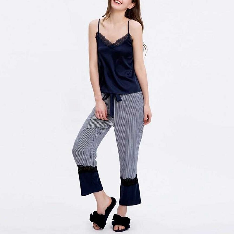 Pijama Sets Women Satin Silk Home Clothing Lace Long Pants