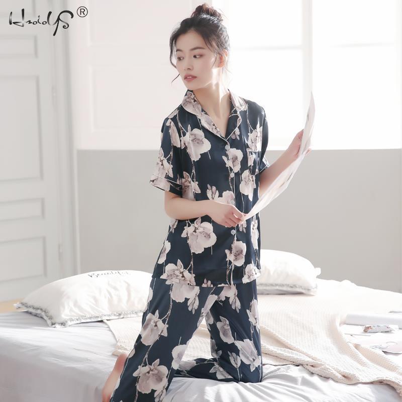 Floral Print Pajamas Set Lovers Pyjamas Women Silk Satin Pajama Sets