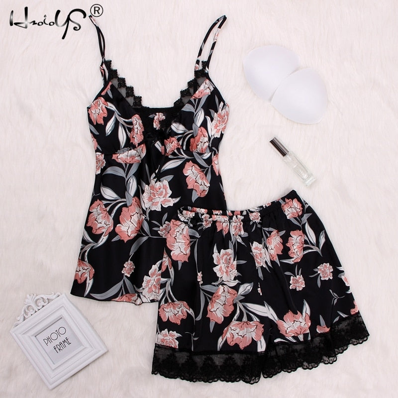 Summer Pajamas Sets Floral Print V-neck Chest Lingerie Nighties