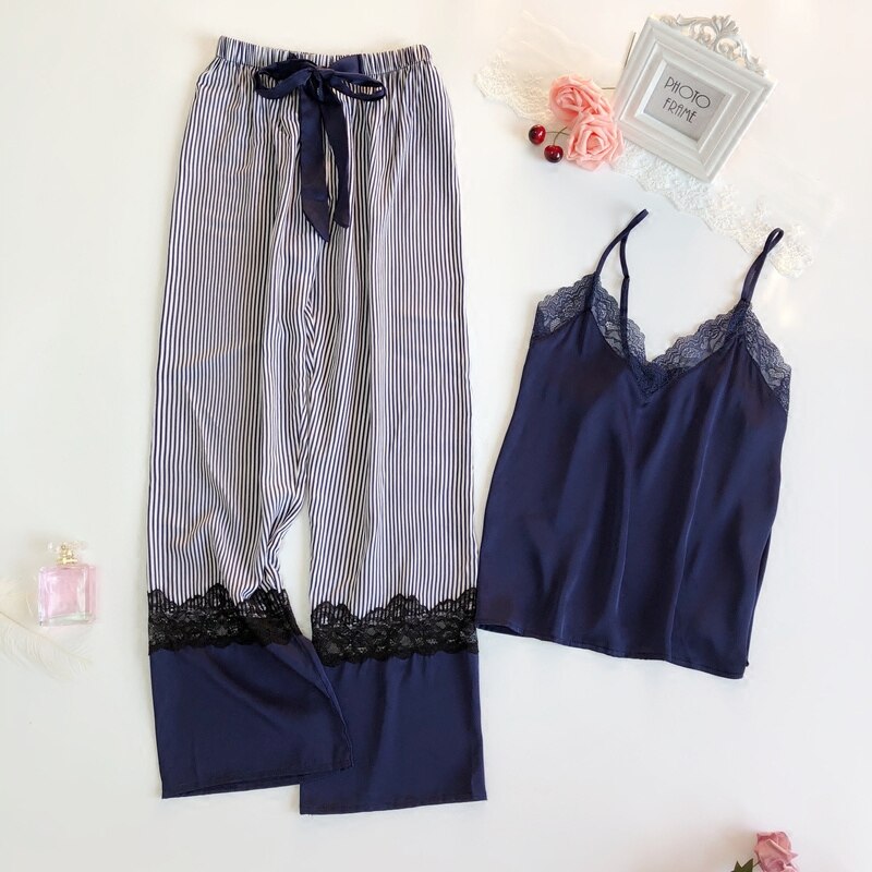 Pijama Sets Women Satin Silk Home Clothing Lace Long Pants