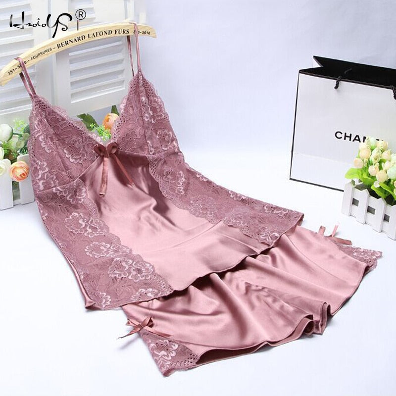 Spaghetti Strap Lace Satin Cami Top and Shorts Pajamas Set