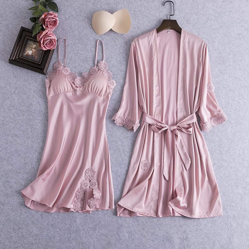 2PCS Lace Bathrobe Gown Sets Robe Bride Silky Satin Komono Strap Dress