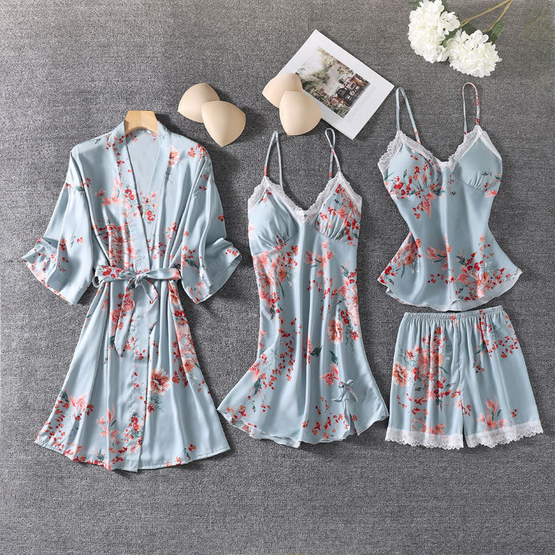 4PCS Print Robe Gown Sets Lace Sleepwear Sleep Suit