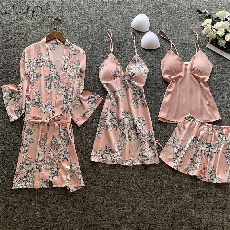 4 PCS Women Pajamas Sets Silk Satin Pajamas Sets