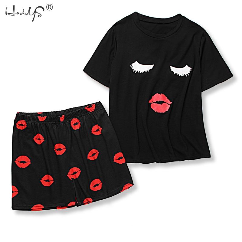 Lips Print Tshirt Cartoon Elastic Waist Shorts Casual Sleepwear